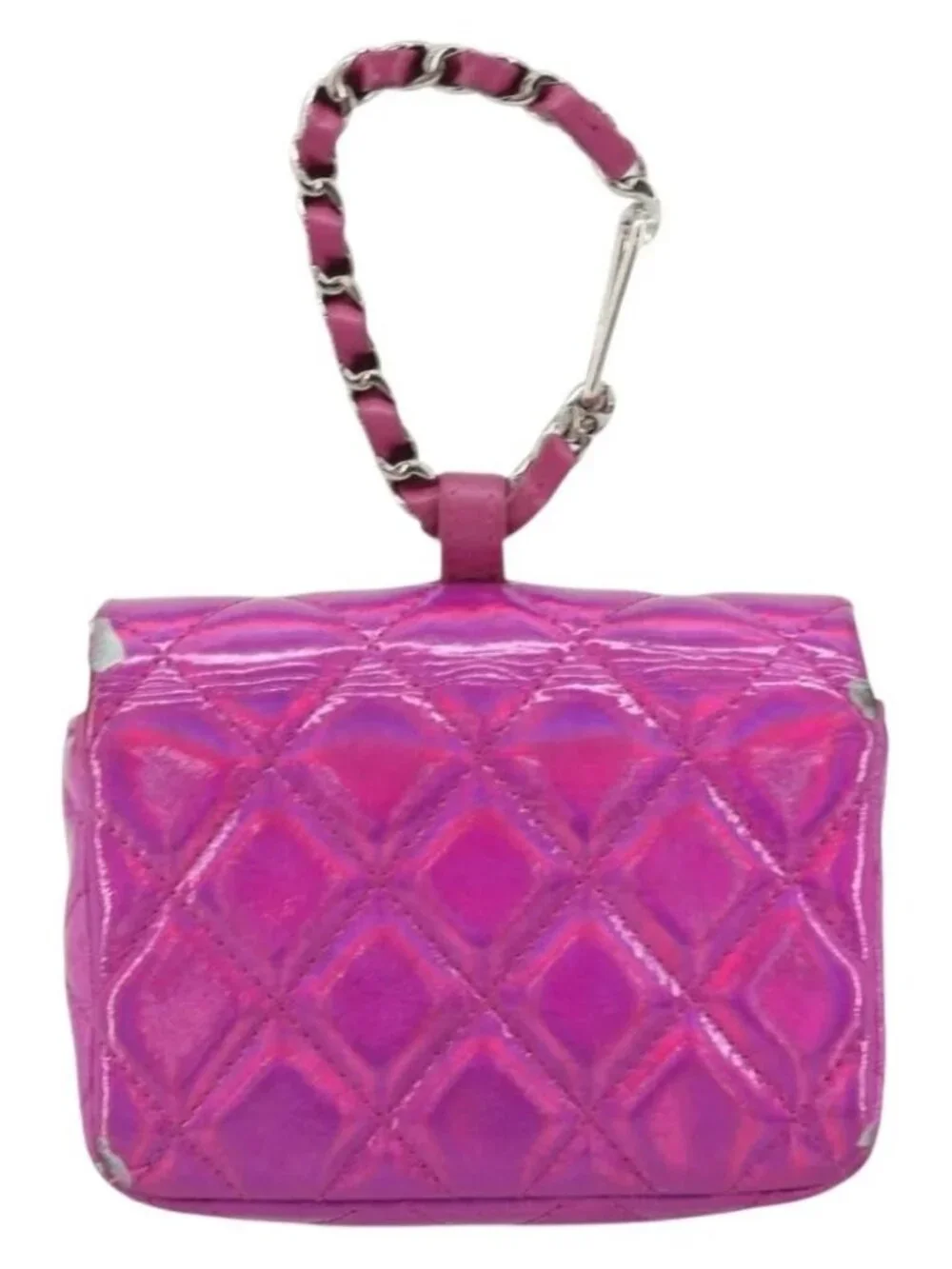 CHANEL Matelasse Carabiner Pouch Patent leather Pink Silver CC Auth YKZ1380A